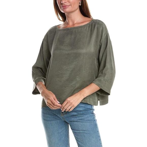 New Eileen Fisher Sandwashed Twill Box-Top Green Side Slit 3/4 Sleeve Sz XL - Picture 1 of 8